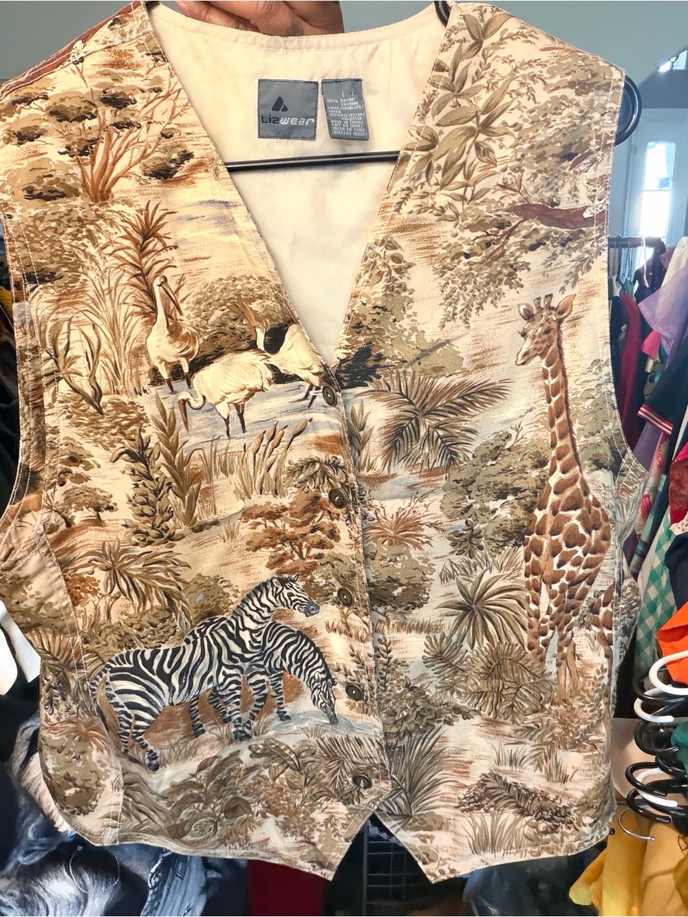 Lie Wear Beige Safari Print Vest sz L Rayon/Poly Blend